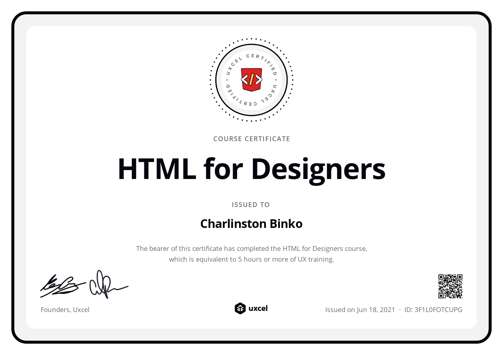 Charlinston Binko's certificate